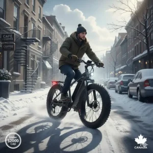 A fat tire electric bike navigating a snowy Montreal street, showing stable traction for Canadian winters.