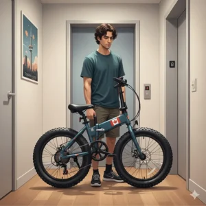 Illustration of a compact 20x4 fat tire e-bike folding to fit inside a small Toronto condo elevator or apartment hallway.