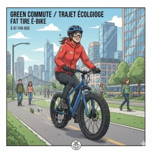 A stylized illustration of a commuter using a fat tire e-bike for a carbon-neutral ride in a Canadian urban center.