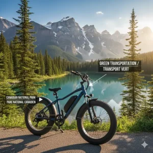 Sustainable transport illustration featuring a 26x4 fat tire electric bike near a Canadian national park.