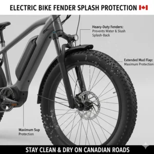 Safety diagram showing the responsive braking system of a waterproof electric bike on wet and slippery Canadian asphalt.