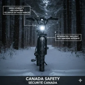 Integrated LED lighting system on a 26x4 fat tire electric bike for safe riding during dark Canadian winters.