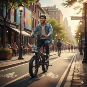 A stylized view of a commuter riding a 20x4 fat tire folding e-bike through a vibrant Montreal neighborhood in summer.