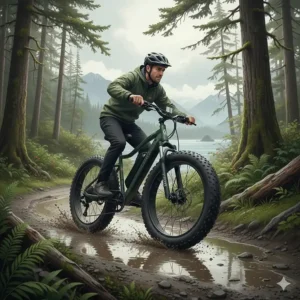 Illustration of a rugged 20x4 fat tire e-bike handling gravel trails and mud on the Canadian West Coast.