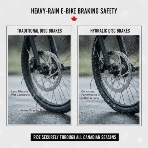 A rugged waterproof electric bike being used on a muddy Canadian trail, demonstrating water-resistant frame and electrical connections.