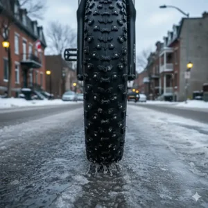 Close-up of studded fat tires on an e-bike providing grip on icy Montreal streets during sub-zero temperatures.