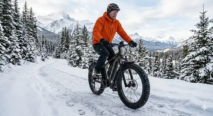 A rider on a fat tire e-bike equipped with studded tires navigating a snowy trail in the Canadian Rockies.