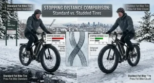 Comparison chart showing stopping distances in Montreal winter conditions for standard vs. studded fat tire e-bikes.