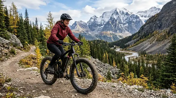 All-terrain suspension fat tire e-bike being ridden through a scenic Canadian evergreen forest trail in autumn.