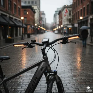 Illustration of waterproof heated grips on an e-bike, ideal for the rainy West Coast climate.