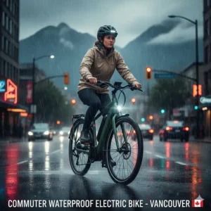 Technical drawing of a waterproof electric bike battery cover designed to protect against slush and moisture during Canadian winters.