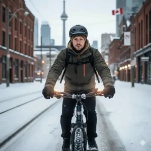 Illustration of a winter commuter in Toronto using an e-bike with heated grips to navigate snowy streets.