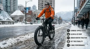 Illustration of an e-bike with studded tires handling wet slush and ice on a Canadian urban bike lane.