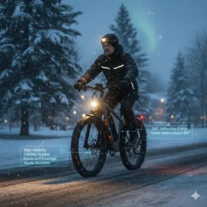 A stylized graphic showcasing winter e-bike accessories like handlebar pogies and heated grips for Canadian riders.
