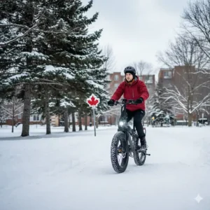 A 20x4 fat tire e-bike navigating a snowy Canadian bike path, highlighting the stability of wide tires in winter conditions.