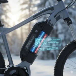 Graphic highlighting high-lumen integrated safety lights on a winter e-bike for low-visibility Canadian snowstorms.
