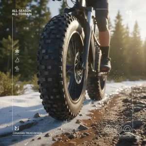 Close-up illustration of studded winter e-bike tires providing grip on a frozen Canadian bike path.