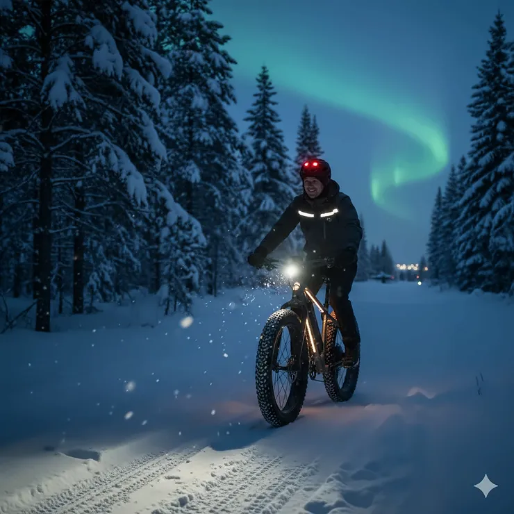 A cyclist riding a high-performance winter e-bike through a snowy Montreal street with a backdrop of historic architecture.