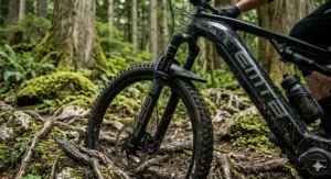 A trail ebike with 150mm travel tackling a steep, rocky descent in the Canadian Rockies.