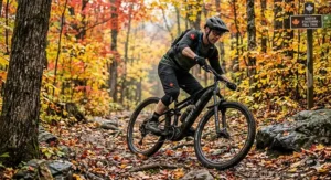 An infographic showing the aggressive geometry of a trail ebike with 150mm travel for stable downhill performance.