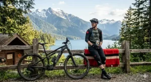 Close-up of a trail ebike with 150mm travel suspension, perfect for technical Canadian "North Shore" style terrain.