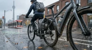 Close-up of e-bike fenders protecting a commuter from rain and mud on a wet Toronto spring morning.
