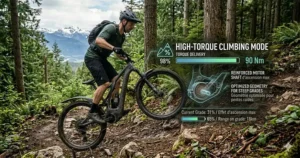 A photorealistic illustration of the best enduro ebike featuring a rider climbing a steep trail in a Canadian forest, with a graphic overlay detailing 'HIGH-TORQUE CLIMBING MODE', 'Torque Delivery', and bilingual French text for steep grades, optimized for search engines.