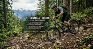 A photorealistic illustration of the best enduro ebike descending a rocky forest trail in British Columbia, with a graphic overlay highlighting its specialized geometry, "DOWNHILL CONFIDENCE," and "CONFIANCE EN DESCENTE" text, showcasing its stability on Canadian terrain.