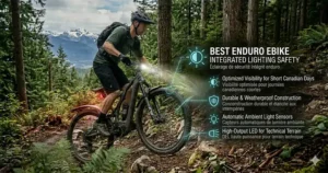 A photorealistic illustration of the best enduro ebike on a rugged trail in British Columbia, with a graphic overlay highlighting its large capacity, integrated lighting safety, and "Éclairage de sécurité intégré enduro" text, perfect for Canadian riding conditions.