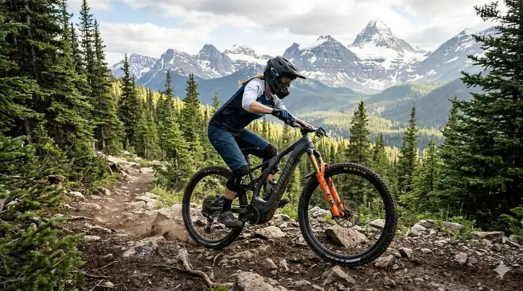 A high-performance enduro e-bike being ridden on a technical mountain descent in the Canadian Rockies with snow-capped peak views.