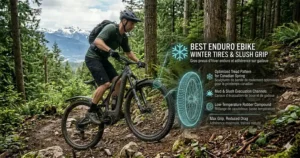 A photorealistic illustration of the best enduro ebike on a rugged trail in British Columbia, with a graphic overlay highlighting its large capacity, winter tires, and "Gros pneus d'hiver enduro" text, perfect for Canadian riding conditions.
