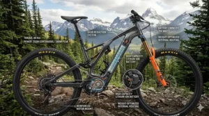 Detailed technical diagram showing the 90Nm high-torque motor and 700Wh battery placement of the best enduro e-bike for climbing steep British Columbia terrain.
