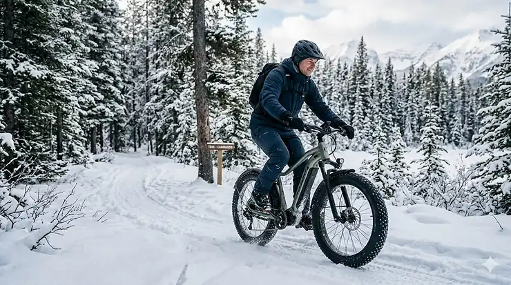 A cyclist riding a black fat tire e-bike for winter through a snowy evergreen forest in the Canadian Rockies.