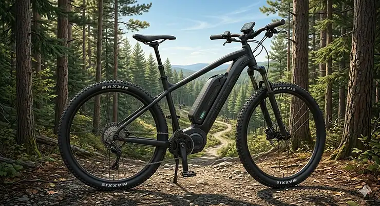 A premium hardtail electric mountain bike parked on a rugged trail in the Canadian Rockies, showcasing the sleek frame and motor against a backdrop of pine trees and snow-capped peaks.