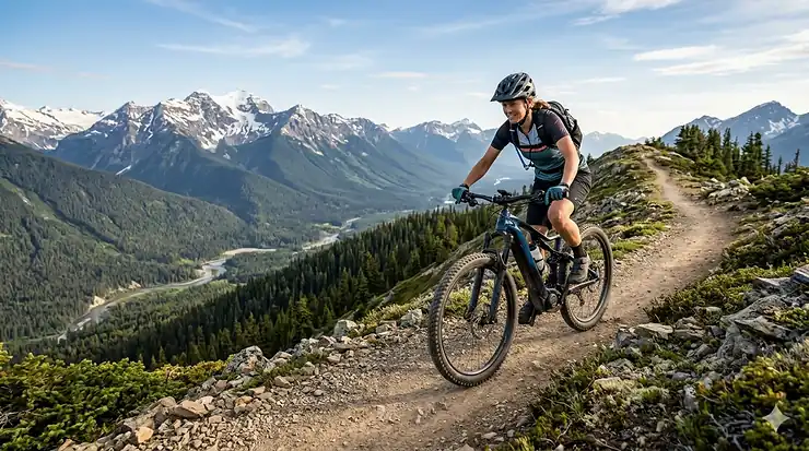 A mountain biker riding the best trail e-bike on a single-track ridge overlooking a vast Canadian Rockies landscape in high detail.