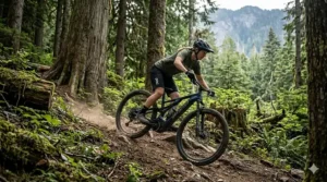 A digital illustration of the best trail ebike navigating a steep, technical climb through a British Columbia temperate rainforest.