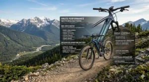 Detailed technical breakdown illustration of a specialized trail e-bike's mid-drive motor and 700Wh integrated battery with clear English and French labels, set in the Canadian Rockies.