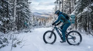 A stylized illustration of a fat-tire trail ebike riding through a snowy forest trail in Quebec during winter.