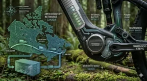 A component comparison chart for enduro e-bikes under 5000 dollars, detailing drivetrains, brakes, and wheelsets for Canadian buyers.