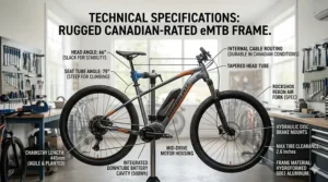 Illustration of a mountain bike box showing shipping across Canada for budget-friendly e-bike brands.