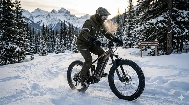A high-performance Canadian winter full suspension ebike navigating a deep powder trail in the snowy Canadian Rockies.
