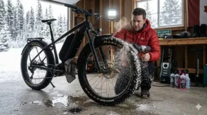 Illustration showing how to clean road salt and slush off an electric bike after a winter ride in Canada.