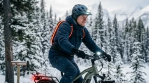 An urban commuter riding a fat tire e-bike for winter travel past a snowy Toronto skyline.