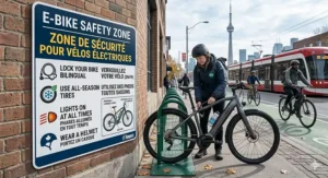 A Toronto cyclist wearing high-visibility gear with bilingual English and French safety signage in the background.