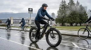 A commuter using a fat tire e-bike on a wet, rainy bike path in Vancouver to avoid slipping.