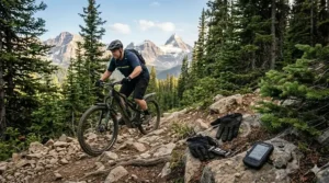Detail of the rear air shock and front fork absorbing impact on a rocky Canadian trail, ideal for heavier rider comfort.