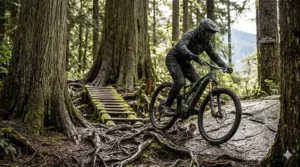A photorealistic 4K photograph of a rider on a green dual suspension electric mountain bike navigating wet, loamy roots and ancient cedar trees on British Columbia’s North Shore under diffused natural light.