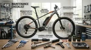 A toolkit and parts list for maintaining an entry-level hardtail electric mountain bike at home.