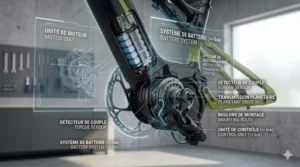 Cutaway illustration revealing the advanced battery management system and torque sensor on a performance full suspension ebike.
