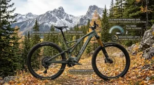 A photorealistic technical infographic showing the battery range for a full suspension e-bike in a Canadian autumn landscape, featuring bilingual English/French data graphics for cold-weather performance.